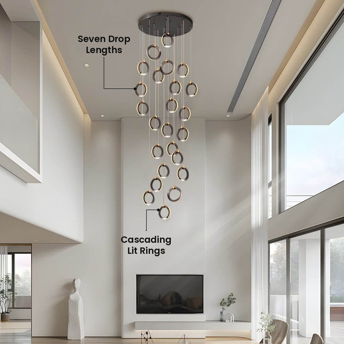 Cascading Ring Staircase Chandelier: Cascading Lit Rings, Seven Drop Lengths