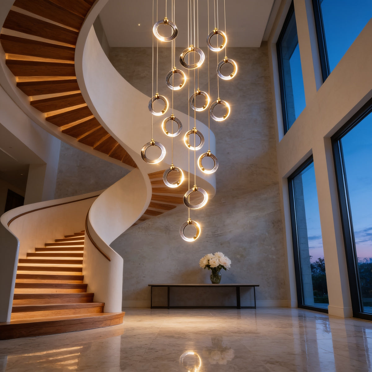 Cascading Ring Staircase Chandelier glowing in a grand curved staircase foyer