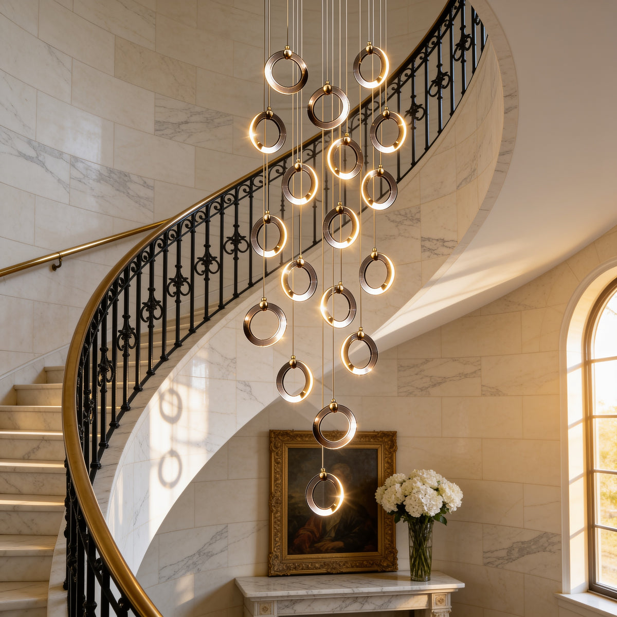 Cascading Ring Staircase Chandelier over a marble staircase with an iron balustrade