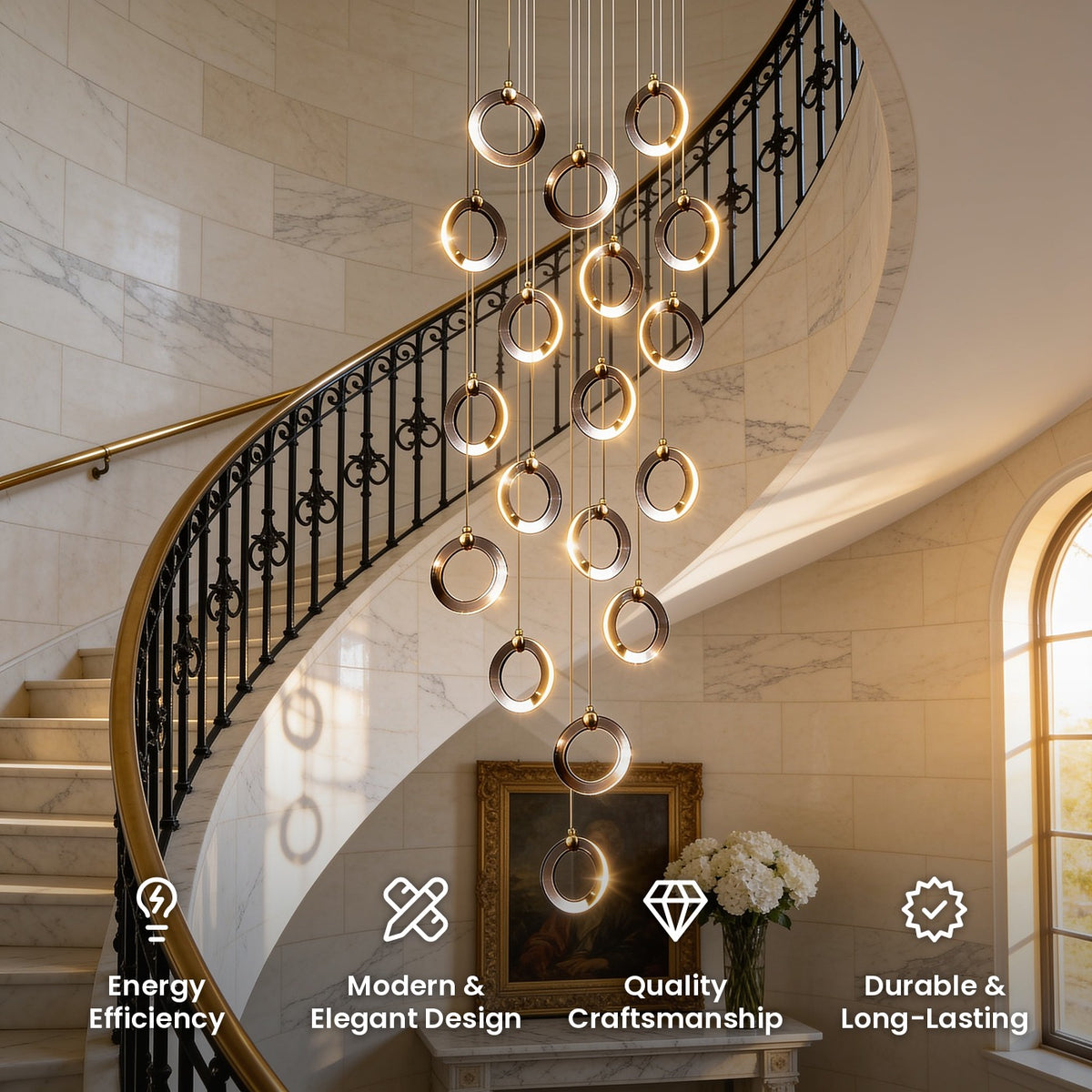 Cascading Ring Staircase Chandelier: energy efficiency, modern and elegant design, quality craftsmanship, durable and long-lasting