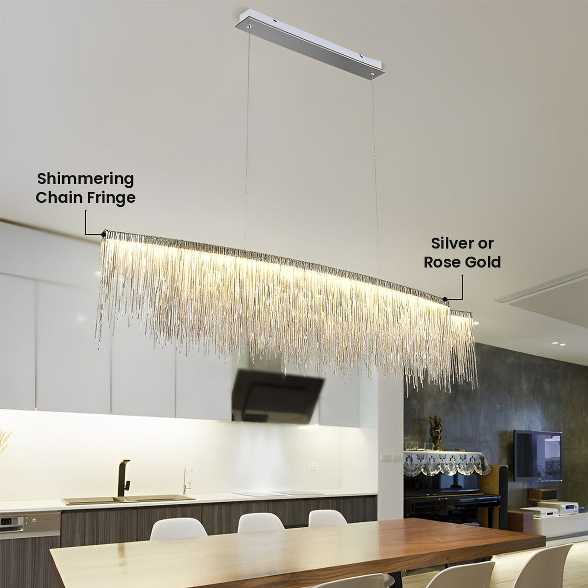 Chain Fringe LED Linear Chandelier: Shimmering Chain Fringe, Silver or Rose Gold