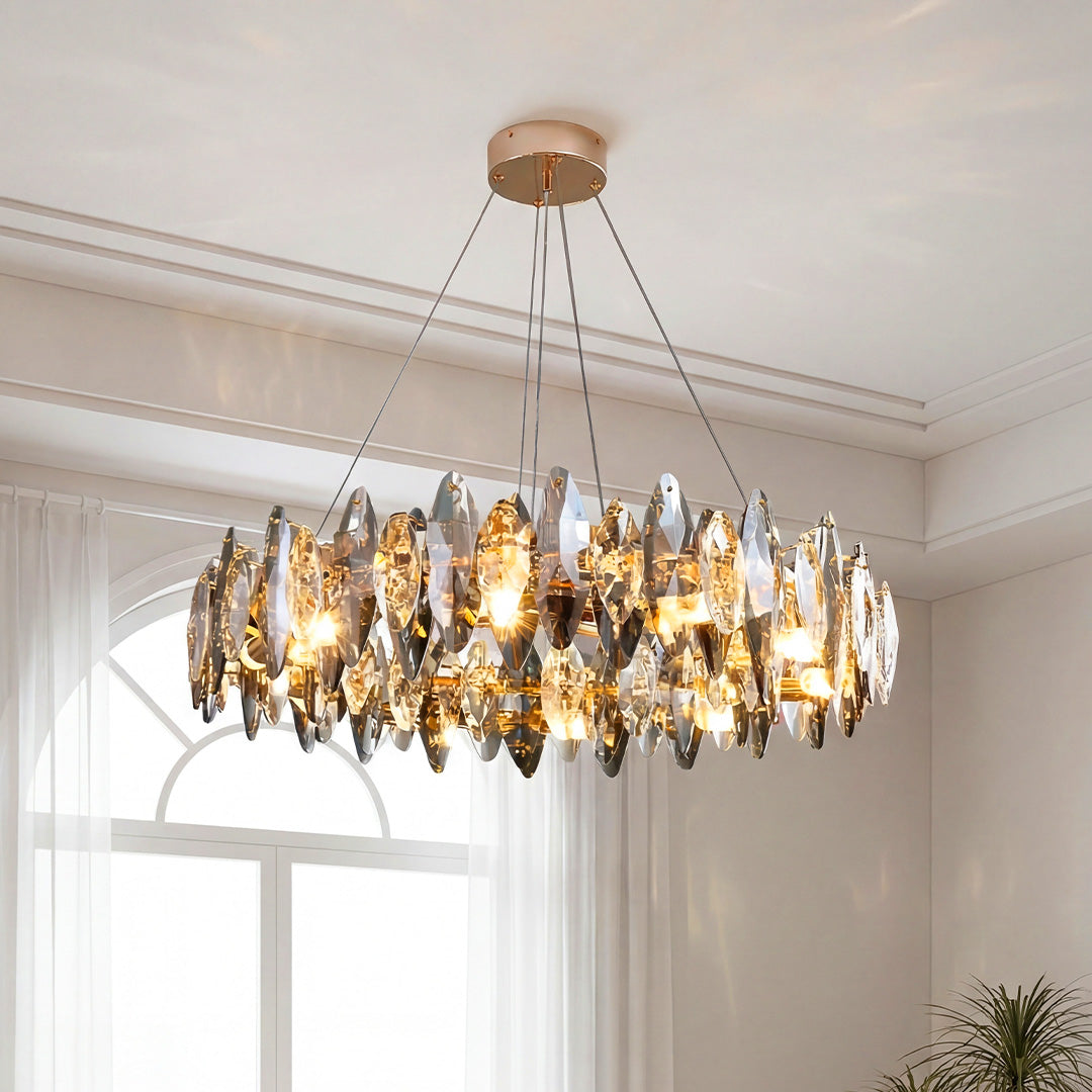 Smoky Leaf K9 Crystal Ring Chandelier, Modern Iron Ceiling Light