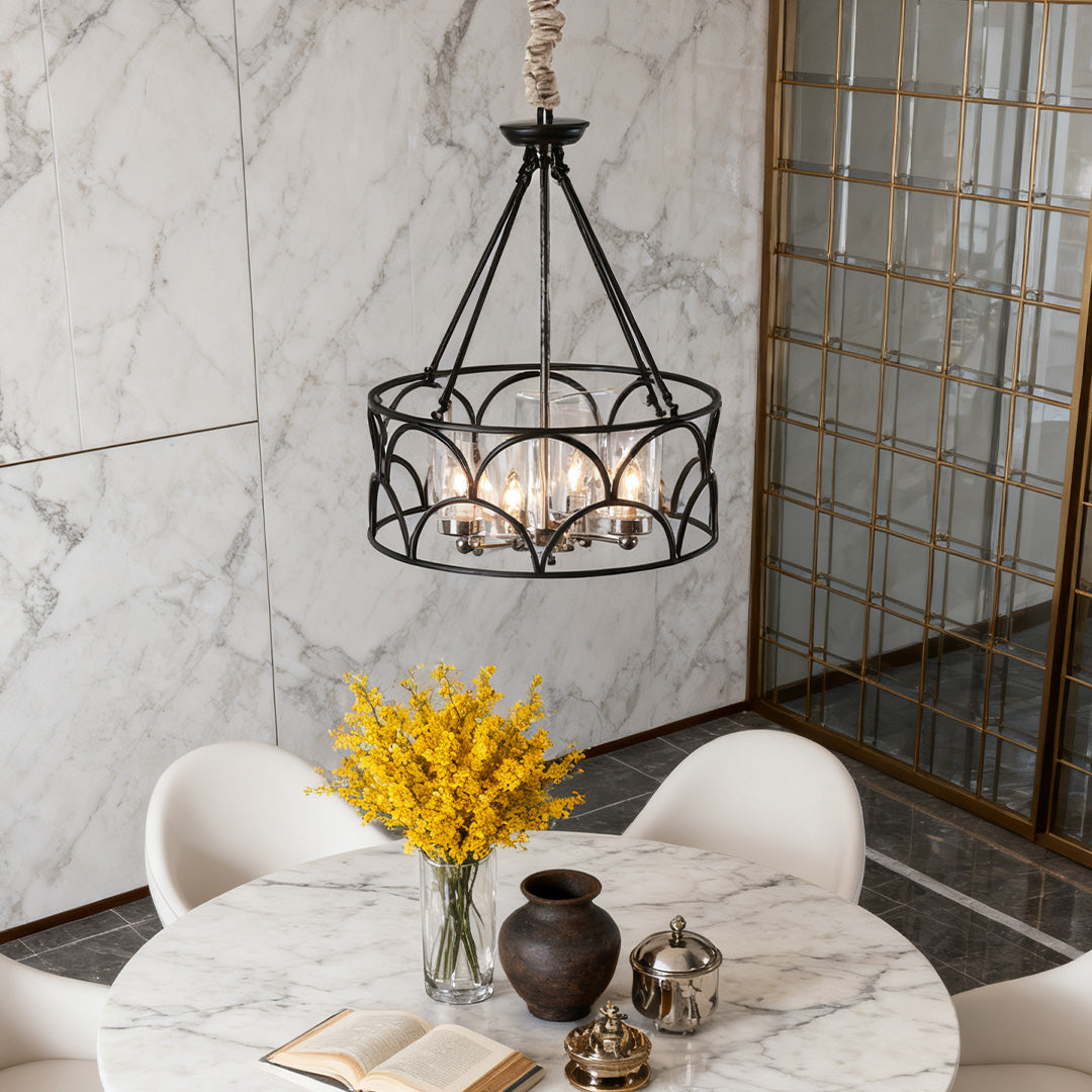 Arched Drum Candle Chandelier, Black Metal and Glass Ceiling Light 4
