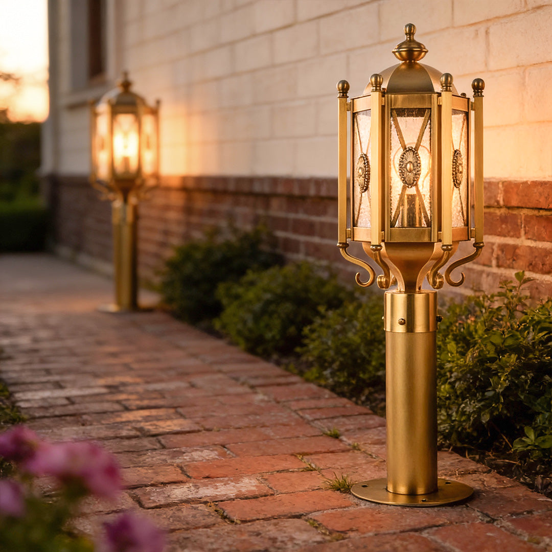 Classic Brass Path Light, Antique Copper Glass Garden Lantern