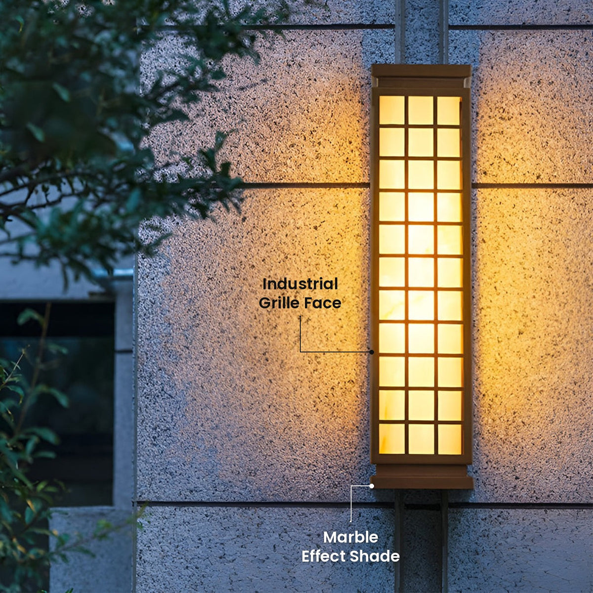 Classic Rectangle Wall Sconce: Industrial Grille Face, Marble Effect Shade