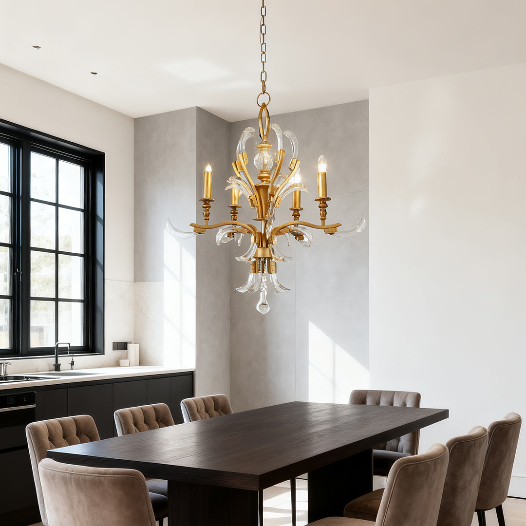 Crystal Crescent Candle Chandelier, Gold Metal French Ceiling Light