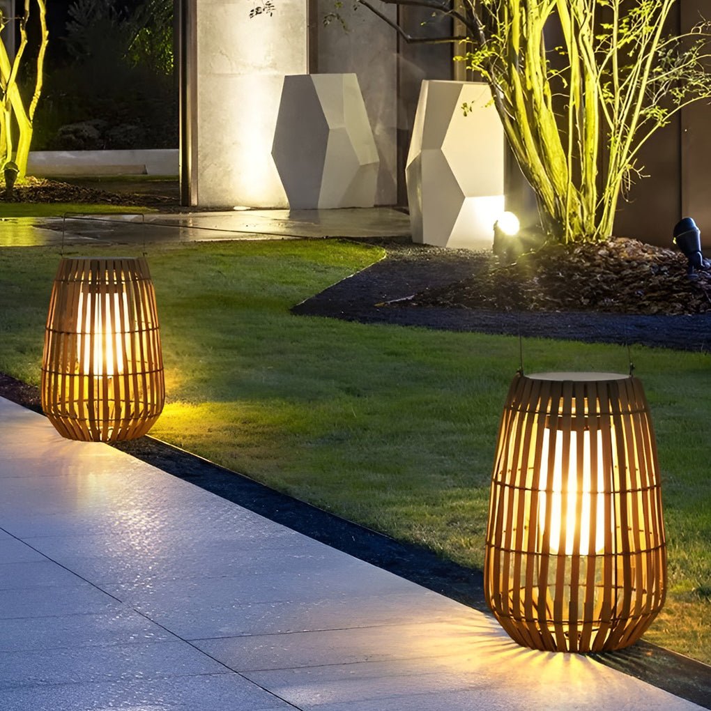 Woven Rattan Look Garden Lantern, Iron Handle Outdoor Floor Lantern 5