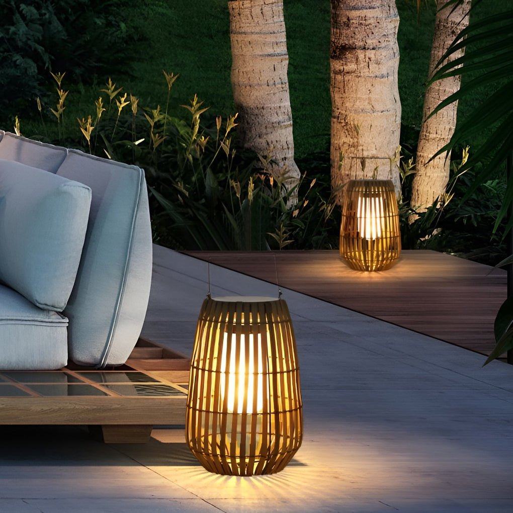 Woven Rattan Look Garden Lantern, Iron Handle Outdoor Floor Lantern 2
