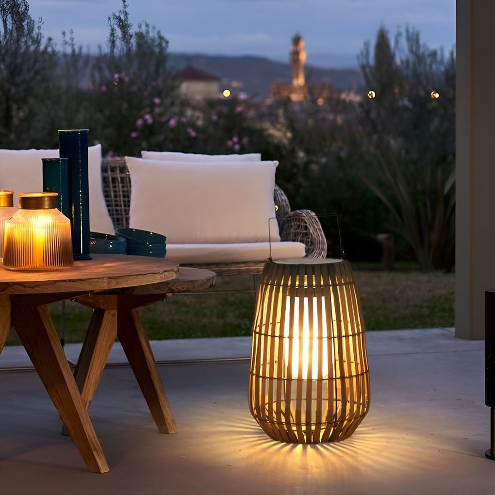 Woven Rattan Look Garden Lantern, Iron Handle Outdoor Floor Lantern