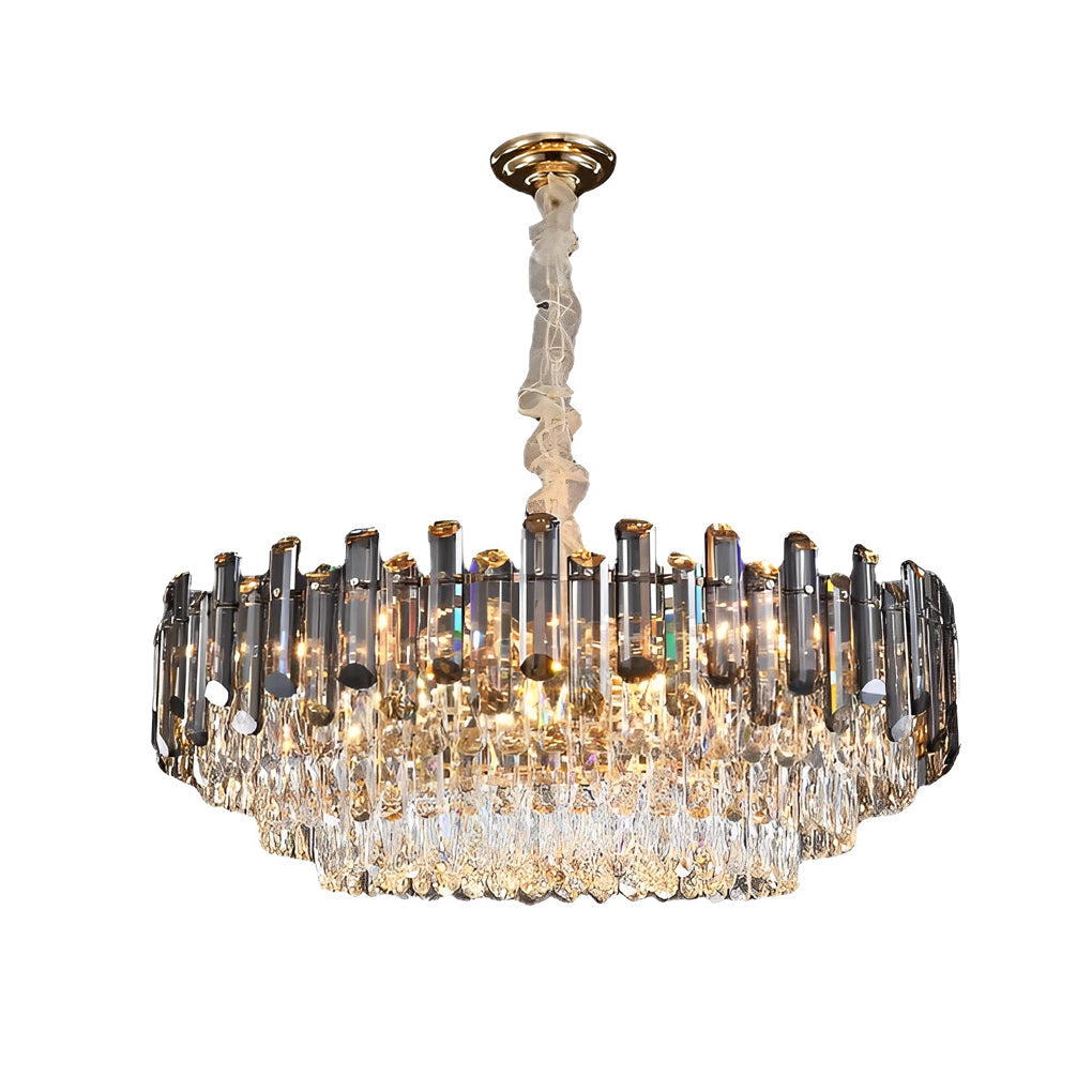 Tiered Smoke Crystal Drum Chandelier, Gold Iron Ceiling Light 14