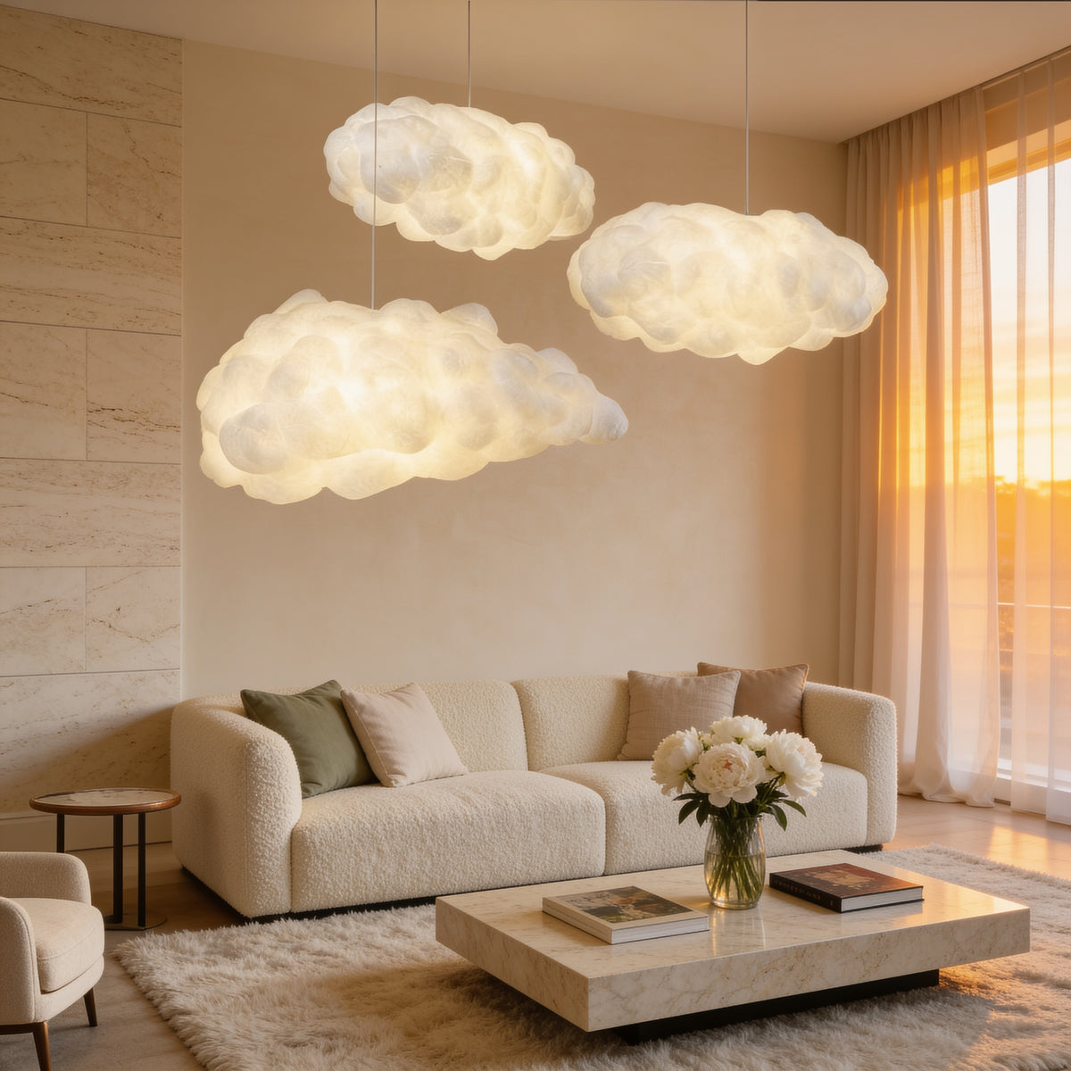Three White Cloud Pendant Lights over a cream living room
