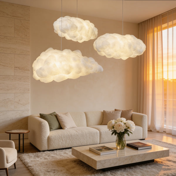 Three White Cloud Pendant Lights over a cream living room