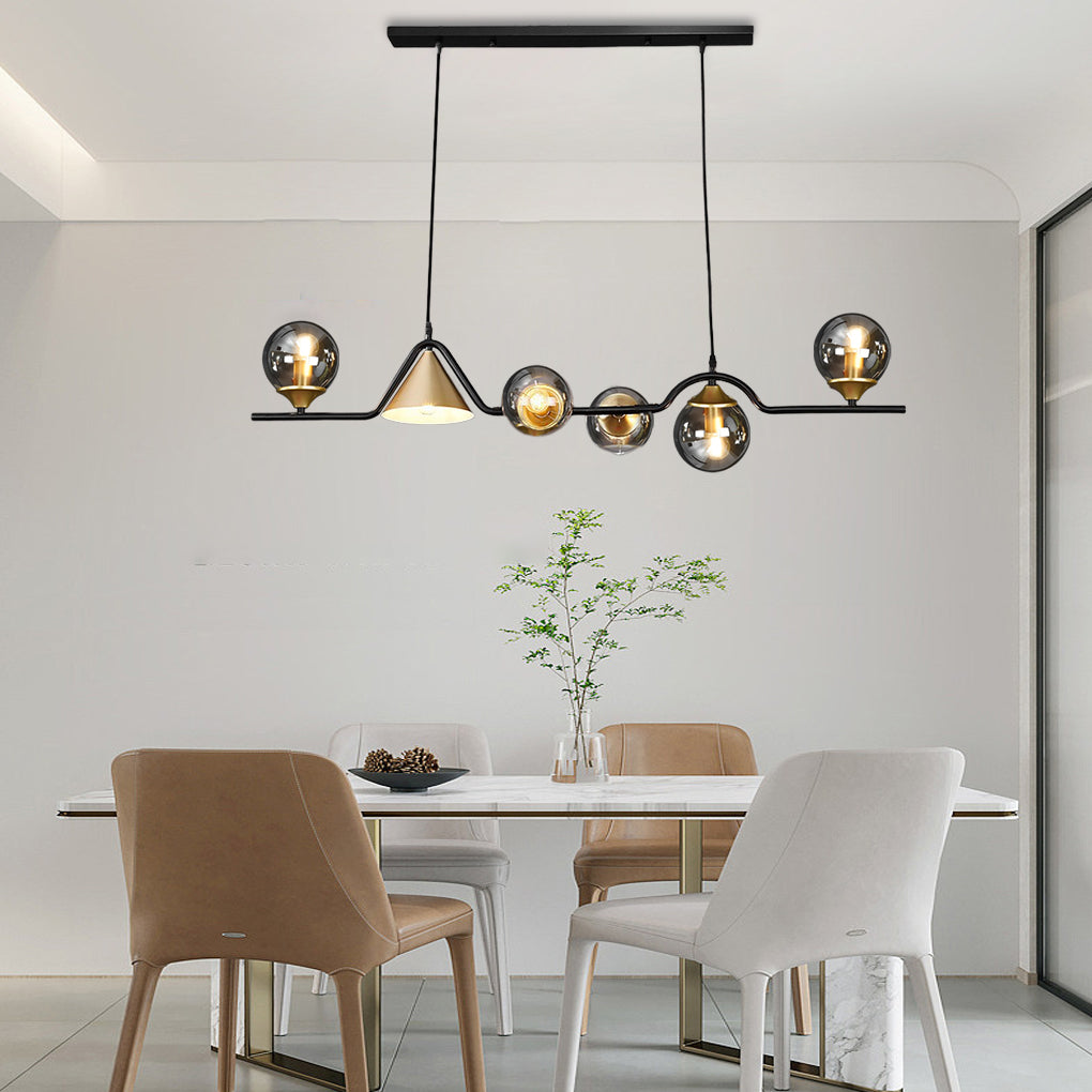 Cone and Globe Linear Chandelier, Black Iron Glass Island Light