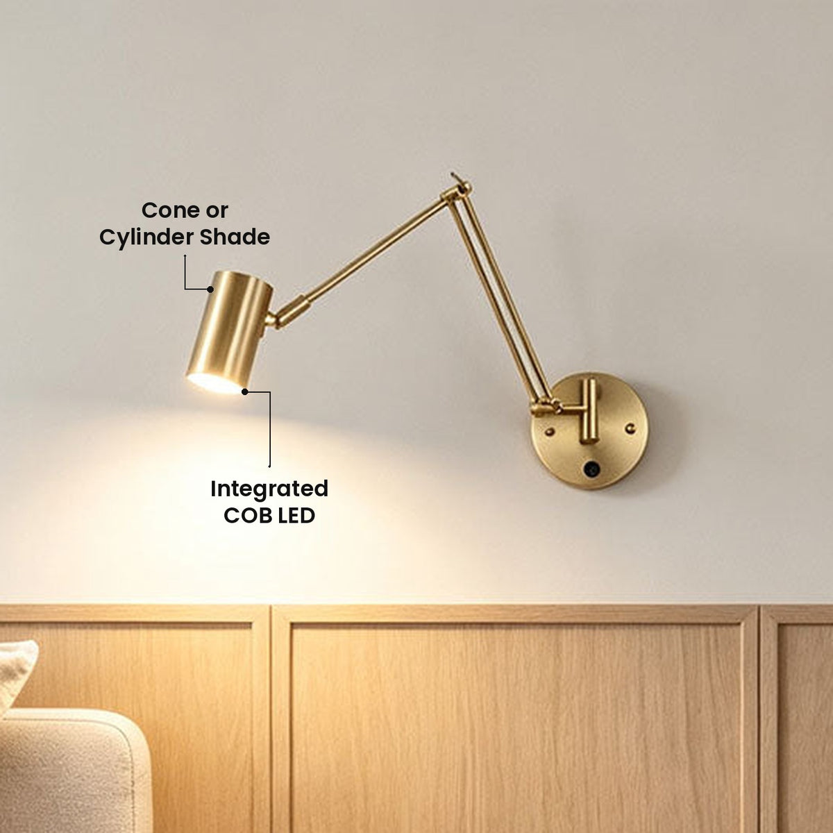 Cone or Cylinder Swing Arm Sconce: Integrated COB LED, Cone or Cylinder Shade