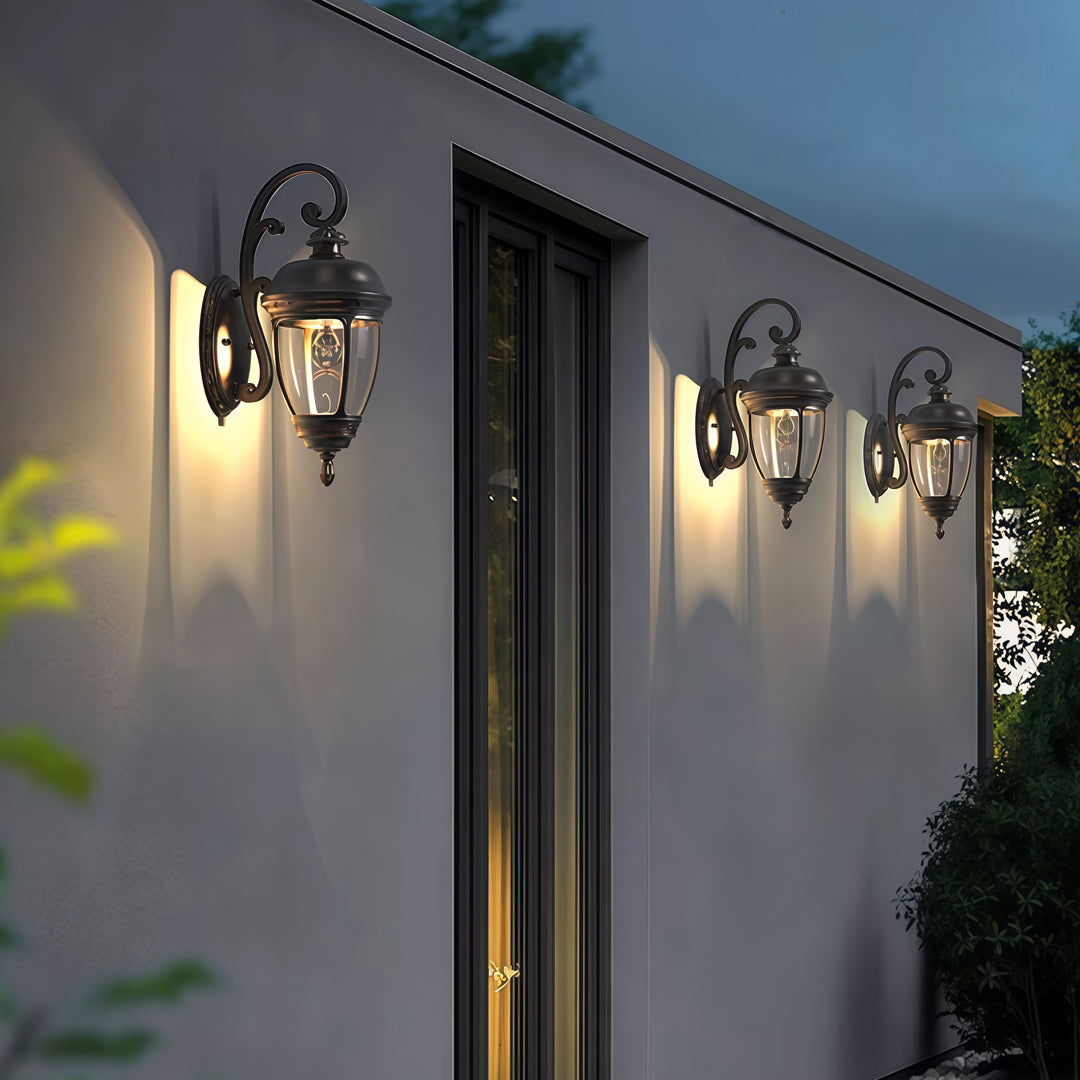 Antique Brown Lantern Sconce, Aluminum and Glass Wall Light