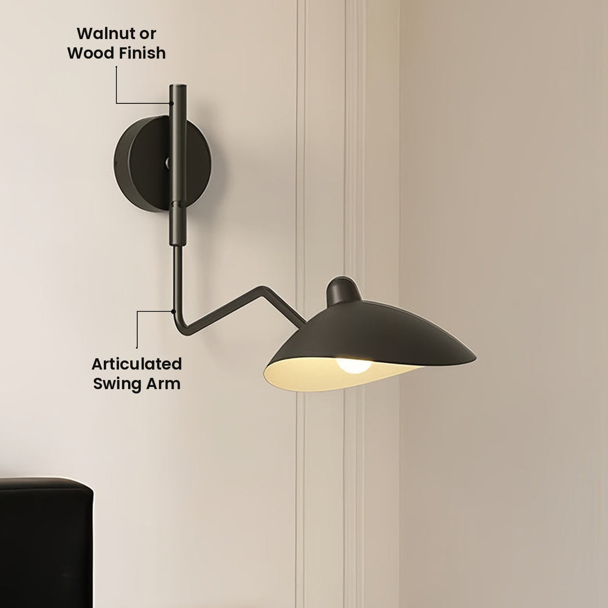 Contemporary Swing Arm Wall Light: Articulated Swing Arm, Walnut or Wood Finish