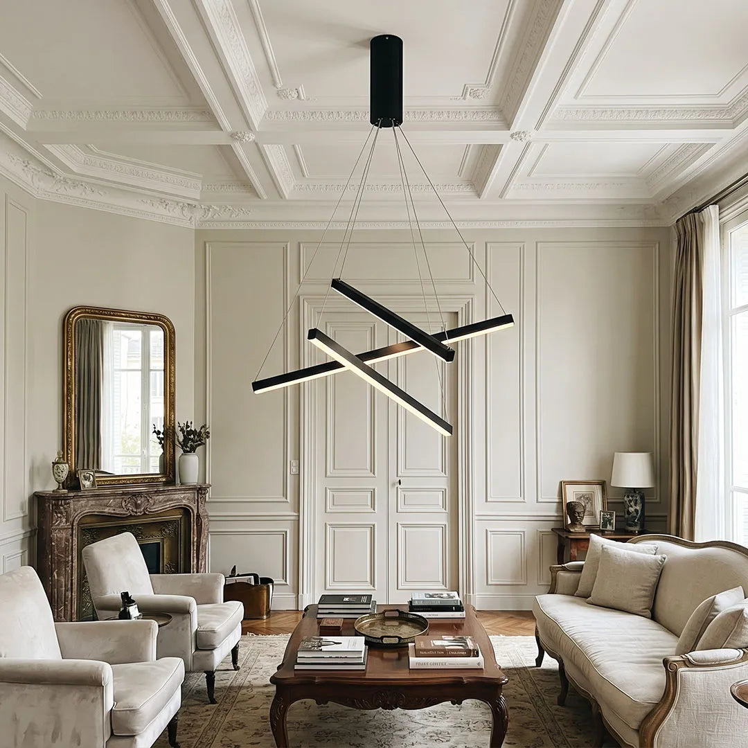 Criss Linear Chandelier, Black Iron and Aluminum LED