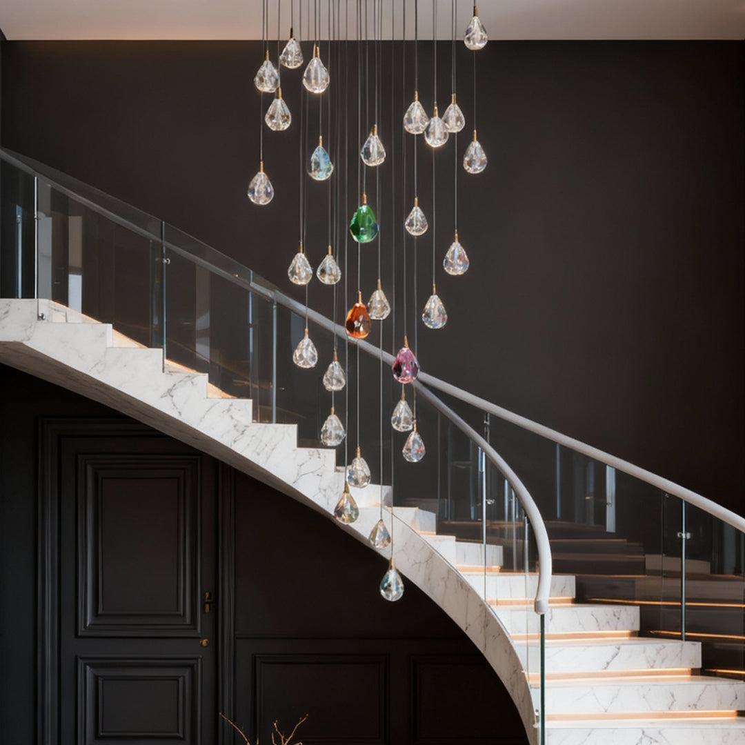 Jewel Drop Crystal Staircase Chandelier, Stainless Steel LED Light 3