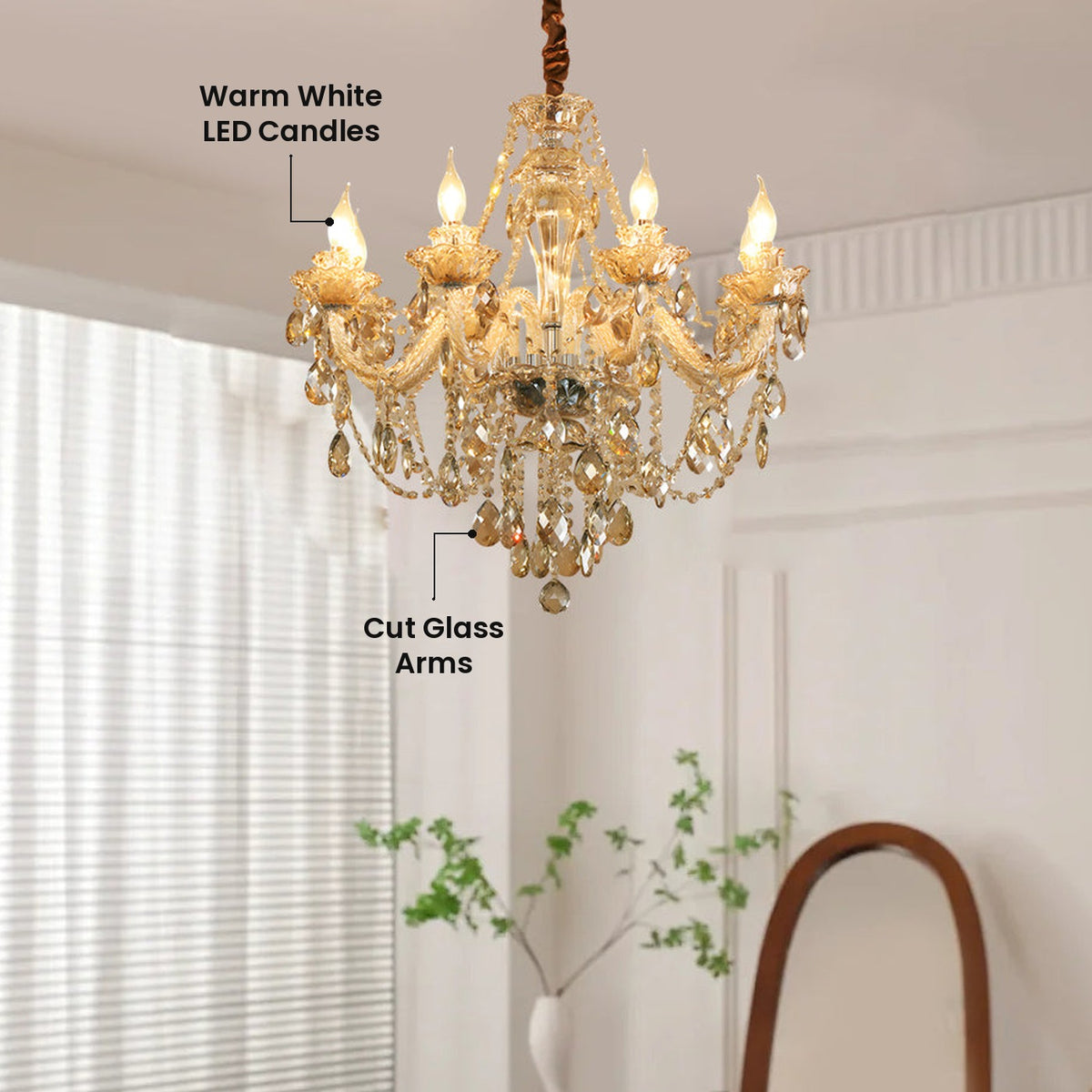 Crystal Glass Candle Chandelier: Cut Glass Arms, Warm White LED Candles