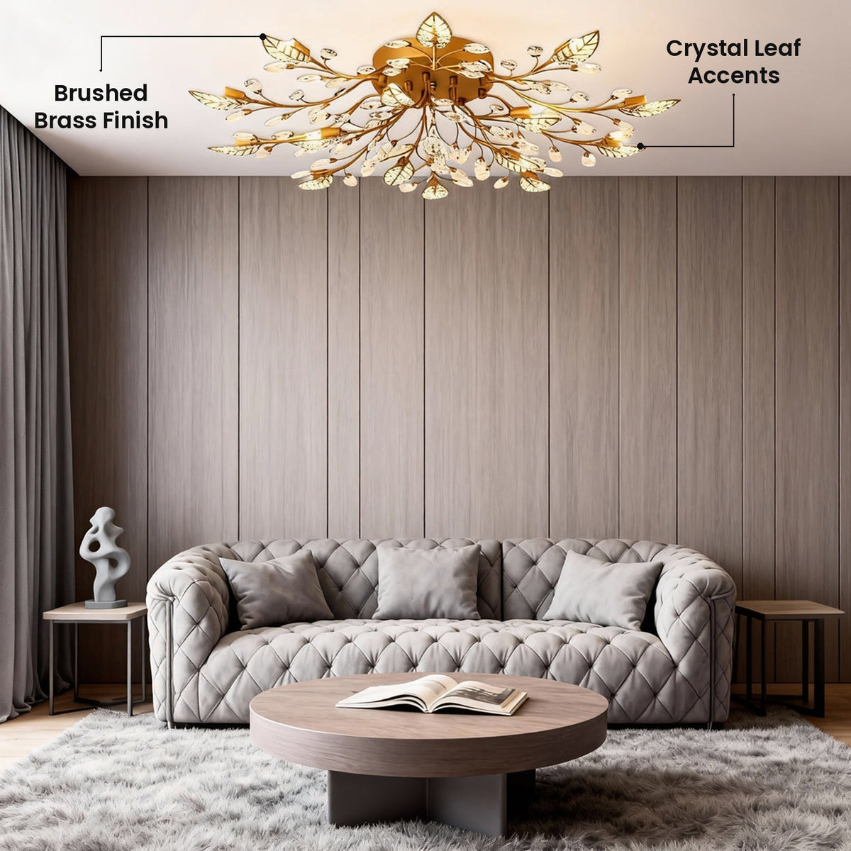 Crystal Leaf Ceiling Light: Crystal Leaf Accents, Brushed Brass Finish