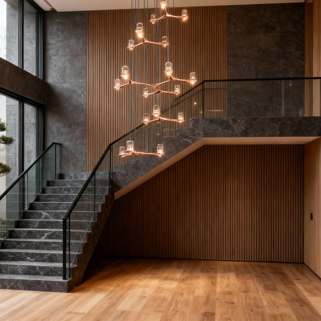 Twig Copper Crystal Staircase Chandelier, Warm Gold Long Drop Light 3