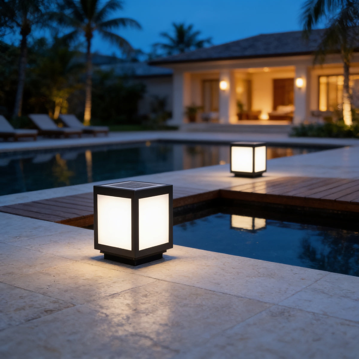 Cube Pillar Light, 9.8 in Square x 10.6 in H, Solar