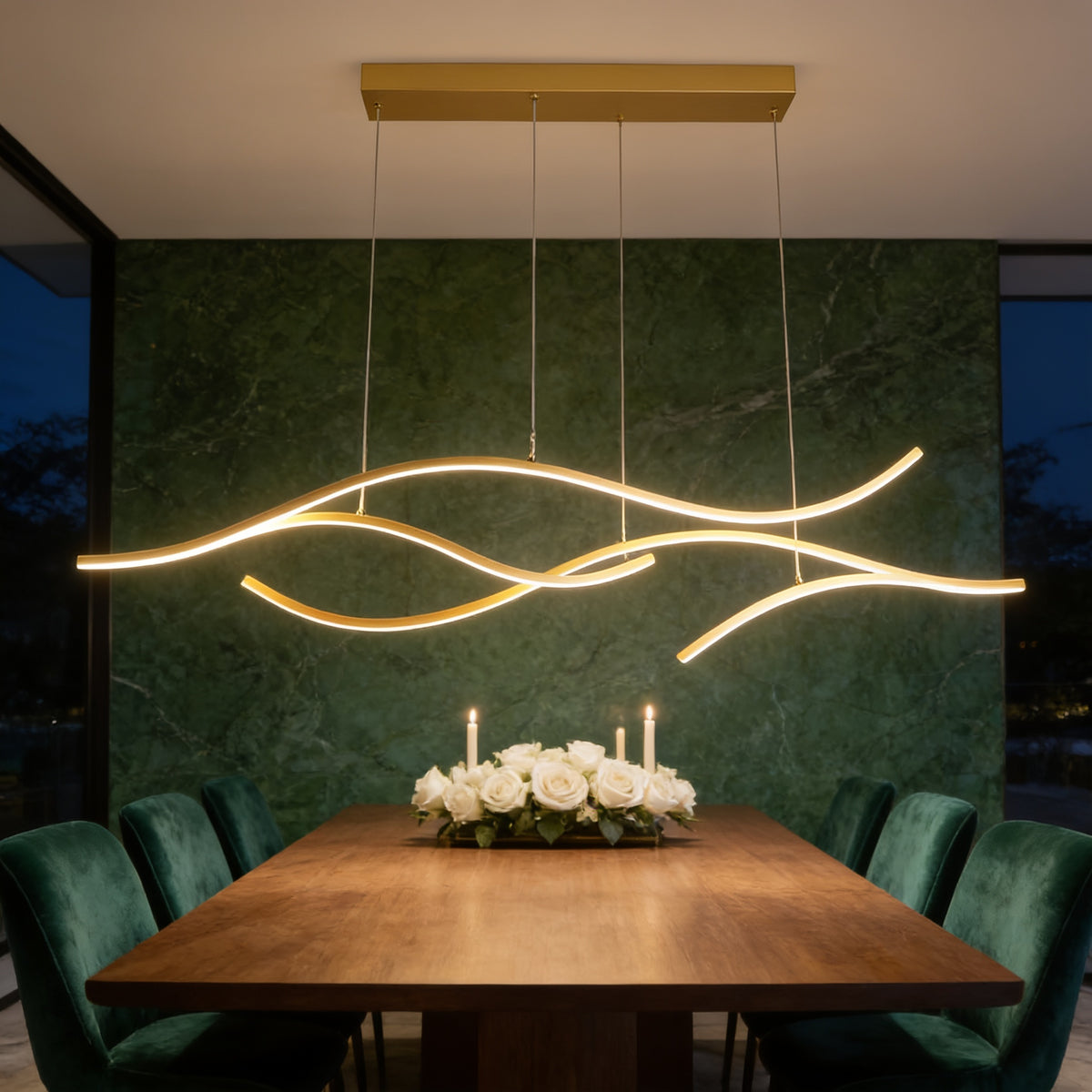 Curved Wave Pendant Light, 39 in, Warm White, Gold