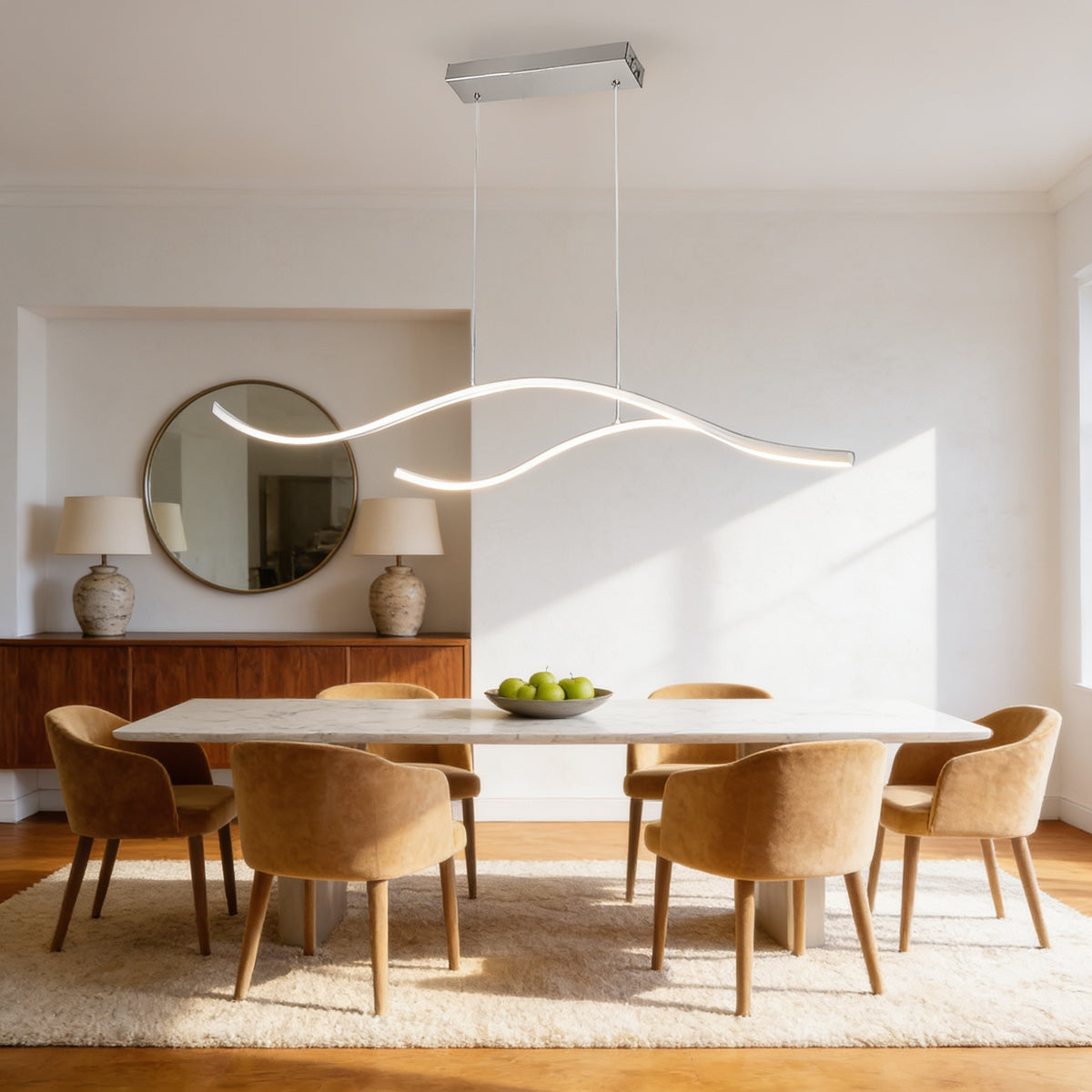 Curved Wave Pendant Light, 39 in, White, Chrome