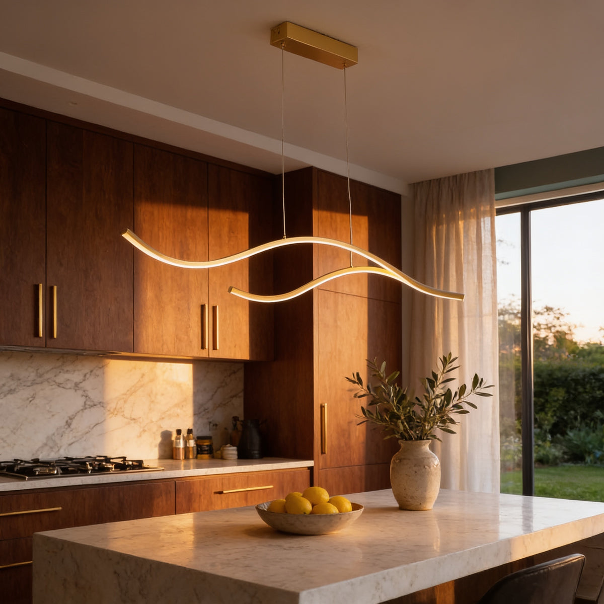 Curved Wave Pendant Light, 39 in, White, Gold