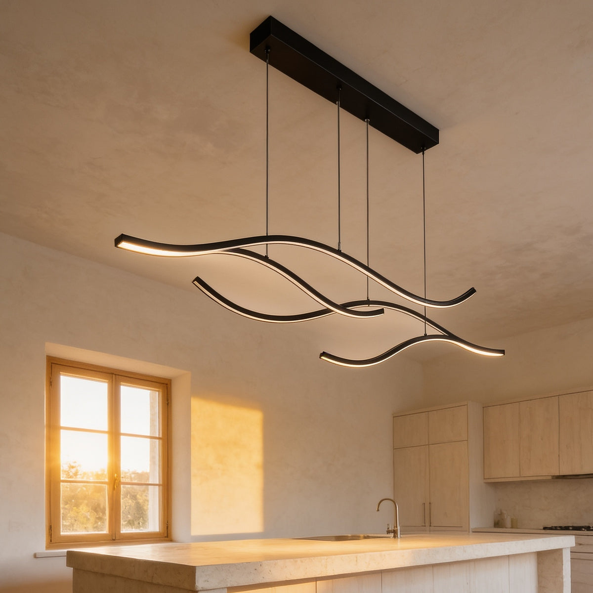 Curved Wave Pendant Light, 47 in, Warm White, Black