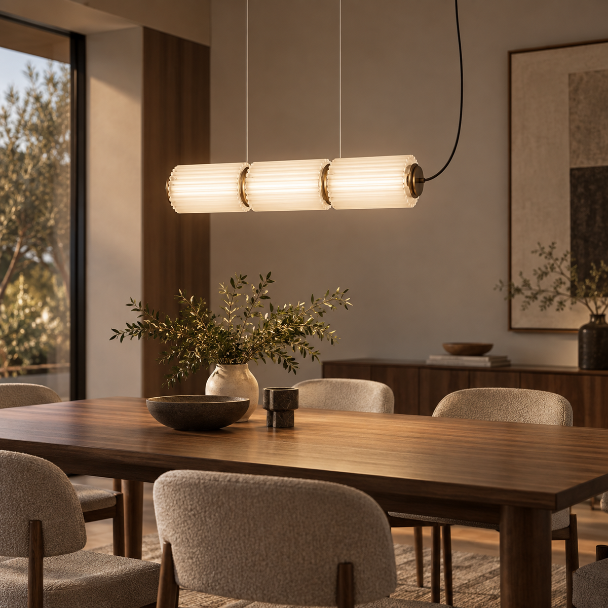Fluted Glass Linear Pendant Light, Italian Style Island