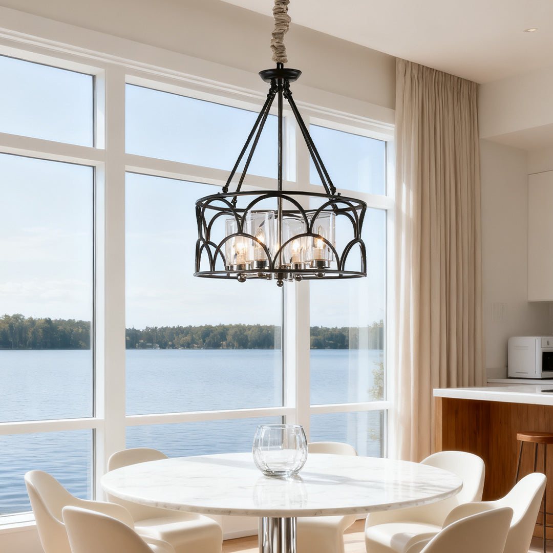 Arched Drum Candle Chandelier, Black Metal and Glass Ceiling Light 3