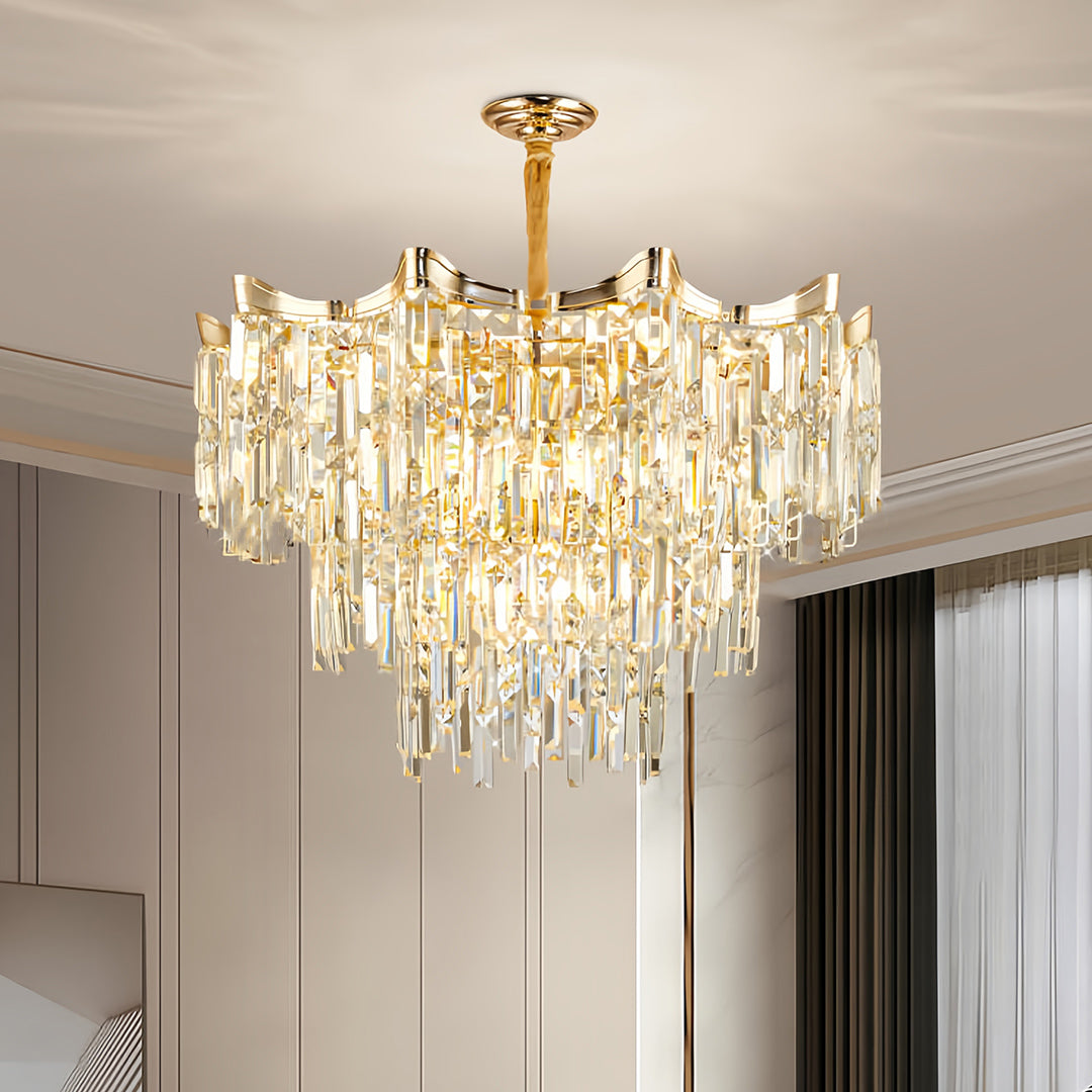 Crystal Waterfall Tiered Chandelier, Gold Metal Ceiling Light 8