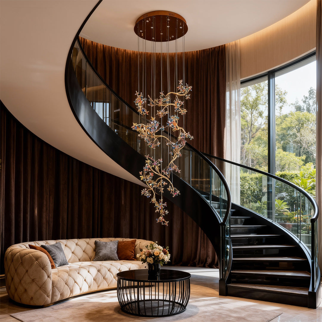 Crystal Blossom Vine Staircase Chandelier, Stainless Steel Drop Light