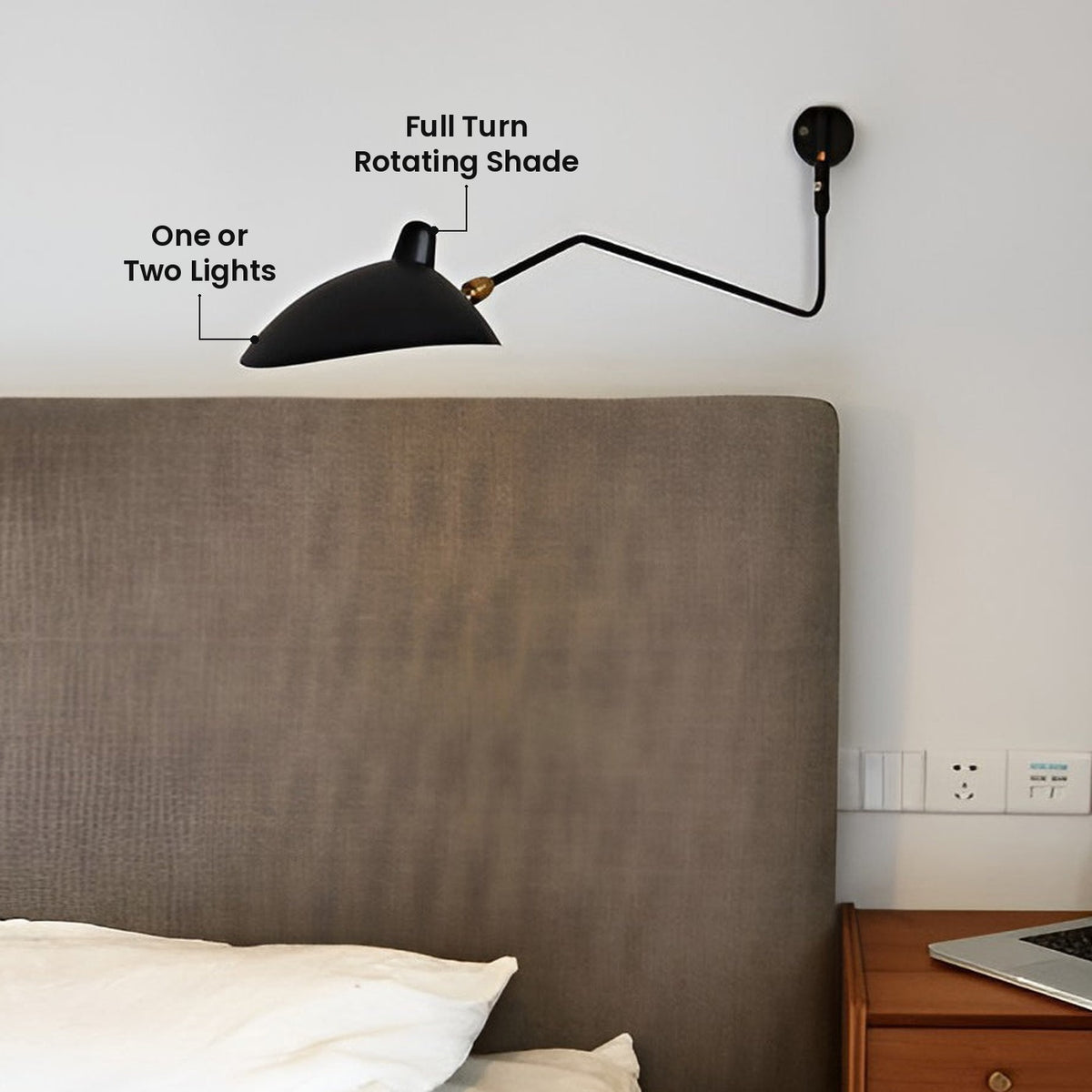Double Arm Swing Wall Sconce: Full Turn Rotating Shade, One or Two Lights
