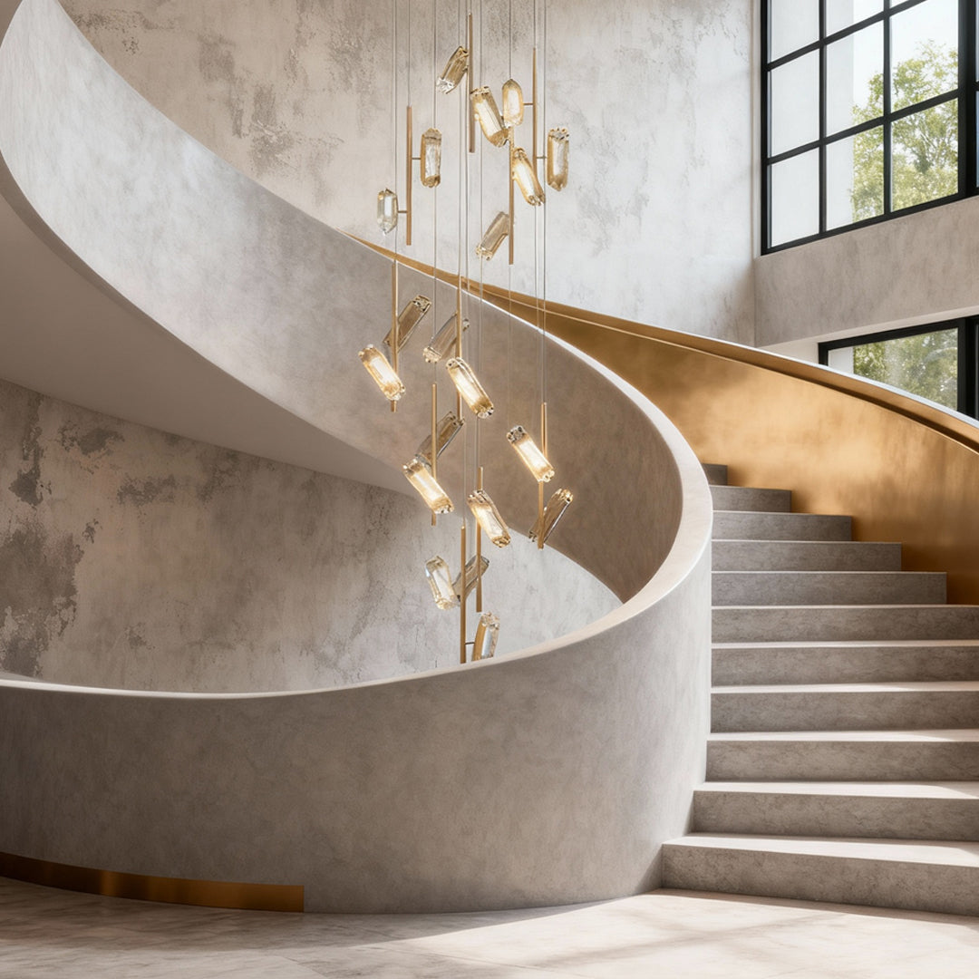 Faceted Block Staircase Chandelier, Gold Aluminum Long Drop Light 2