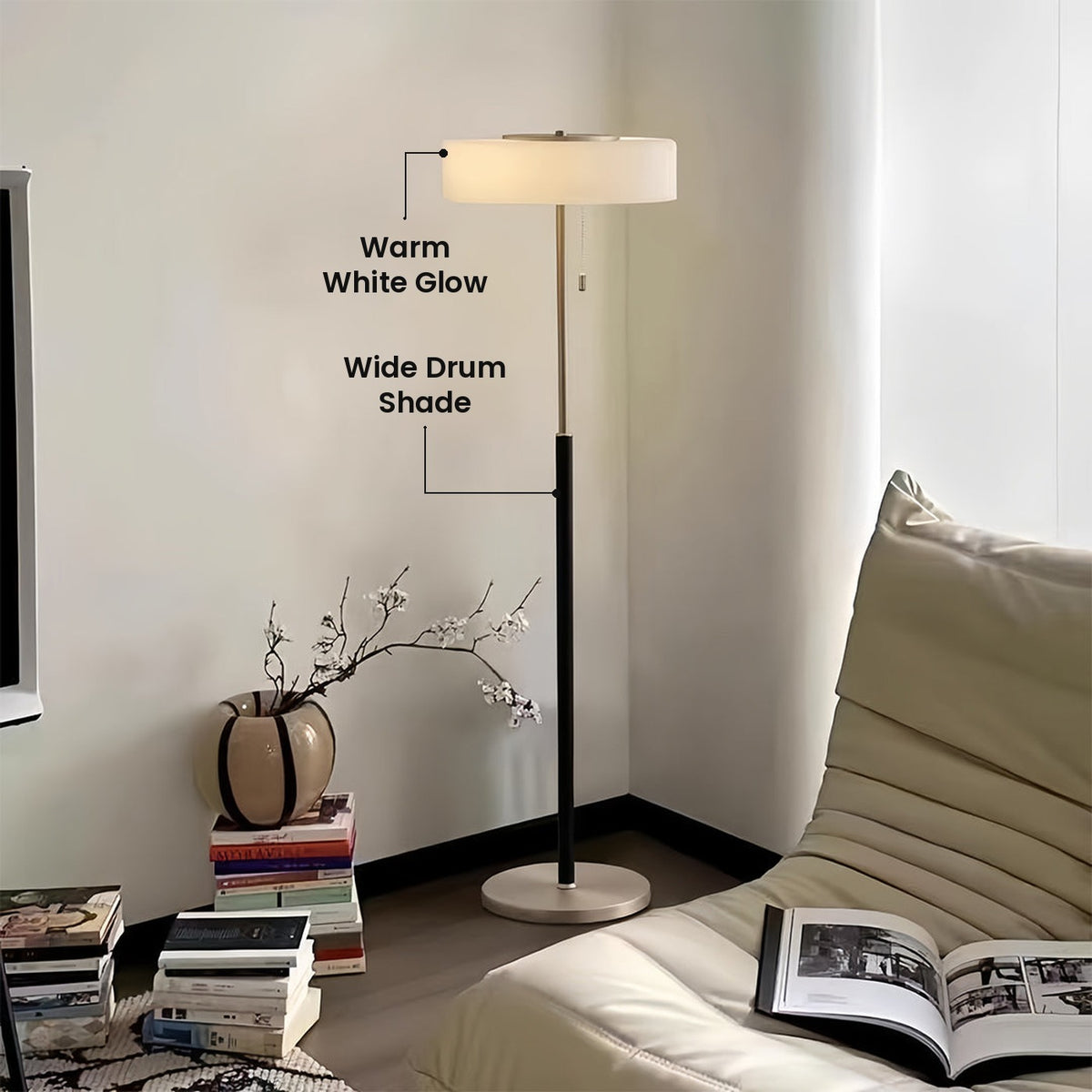 Drum Shade Floor Lamp: Wide Drum Shade, Warm White Glow