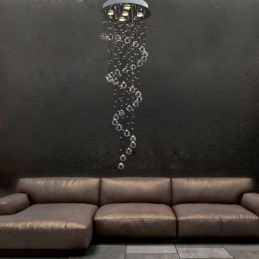 Crystal Rain Spiral Staircase Chandelier, Silver Tone Ceiling Light