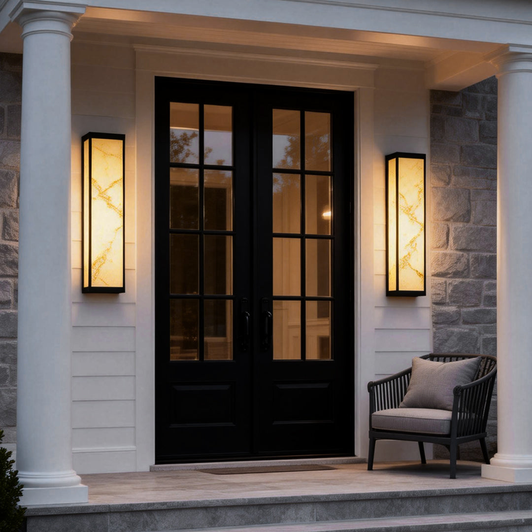 Marble Look Rectangle Wall Light, Black Steel Outdoor Sconce