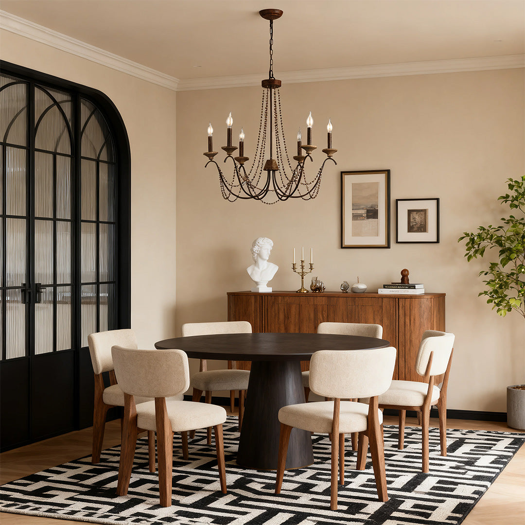 Draped Bead French Candle Chandelier, Black Metal Ceiling Light