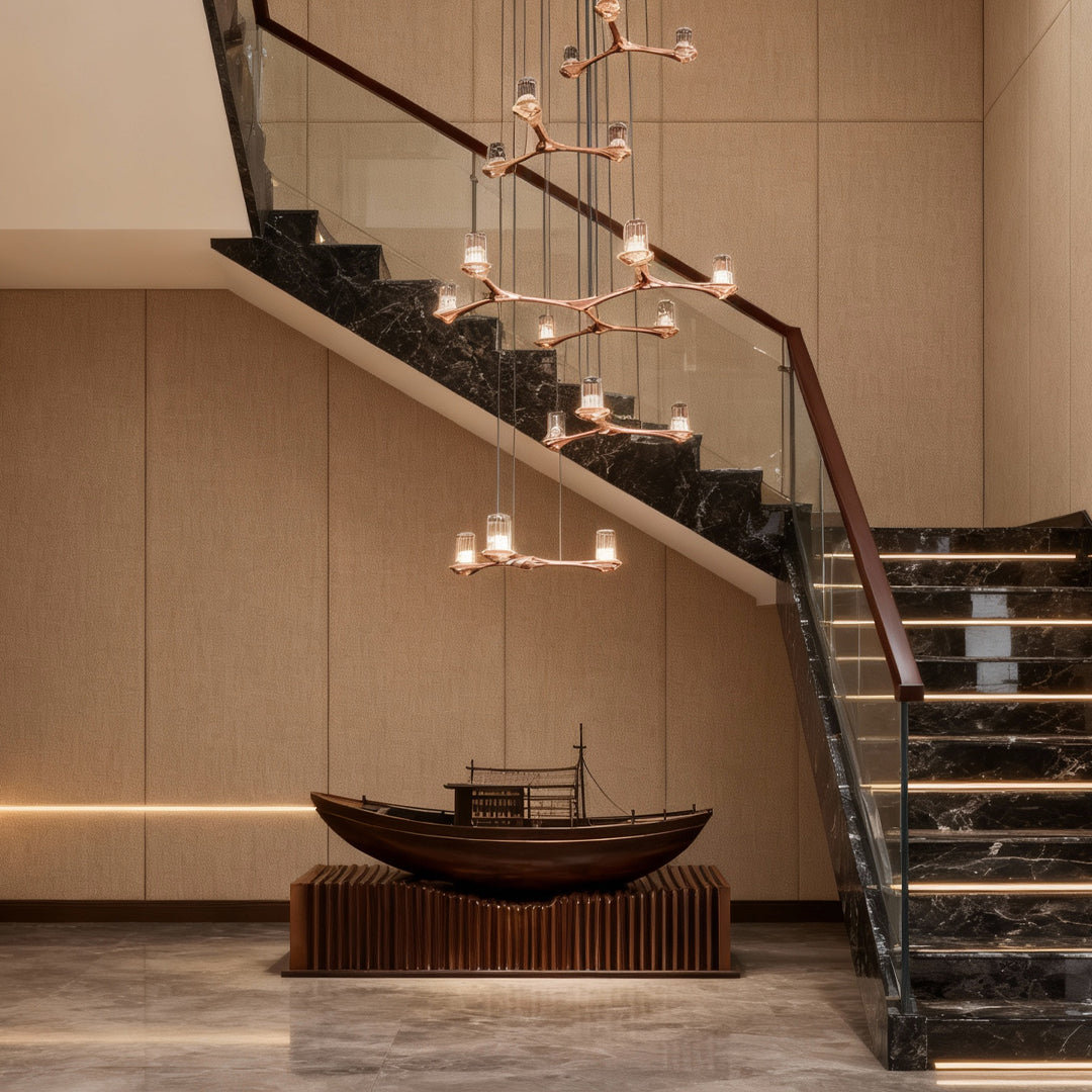 Twig Copper Crystal Staircase Chandelier, Warm Gold Long Drop Light 4