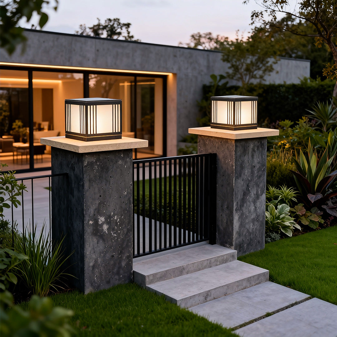 Glass Cube Solar Gate Light, Black Copper Pillar Post Light