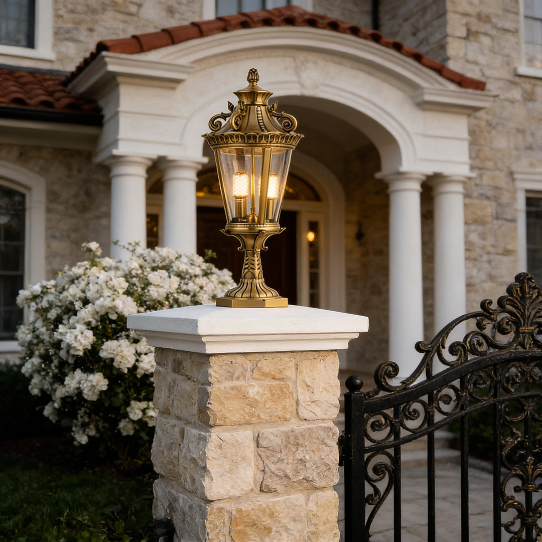 Scrolled Crown Pillar Lantern, Antique Copper Fence Post Light