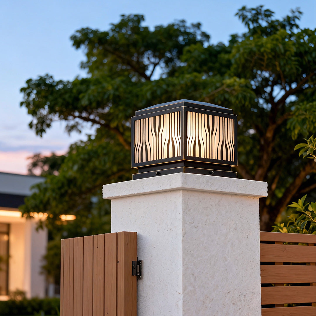 Wavy Glass Pillar Cap Light, Black and Gold Copper Post Light