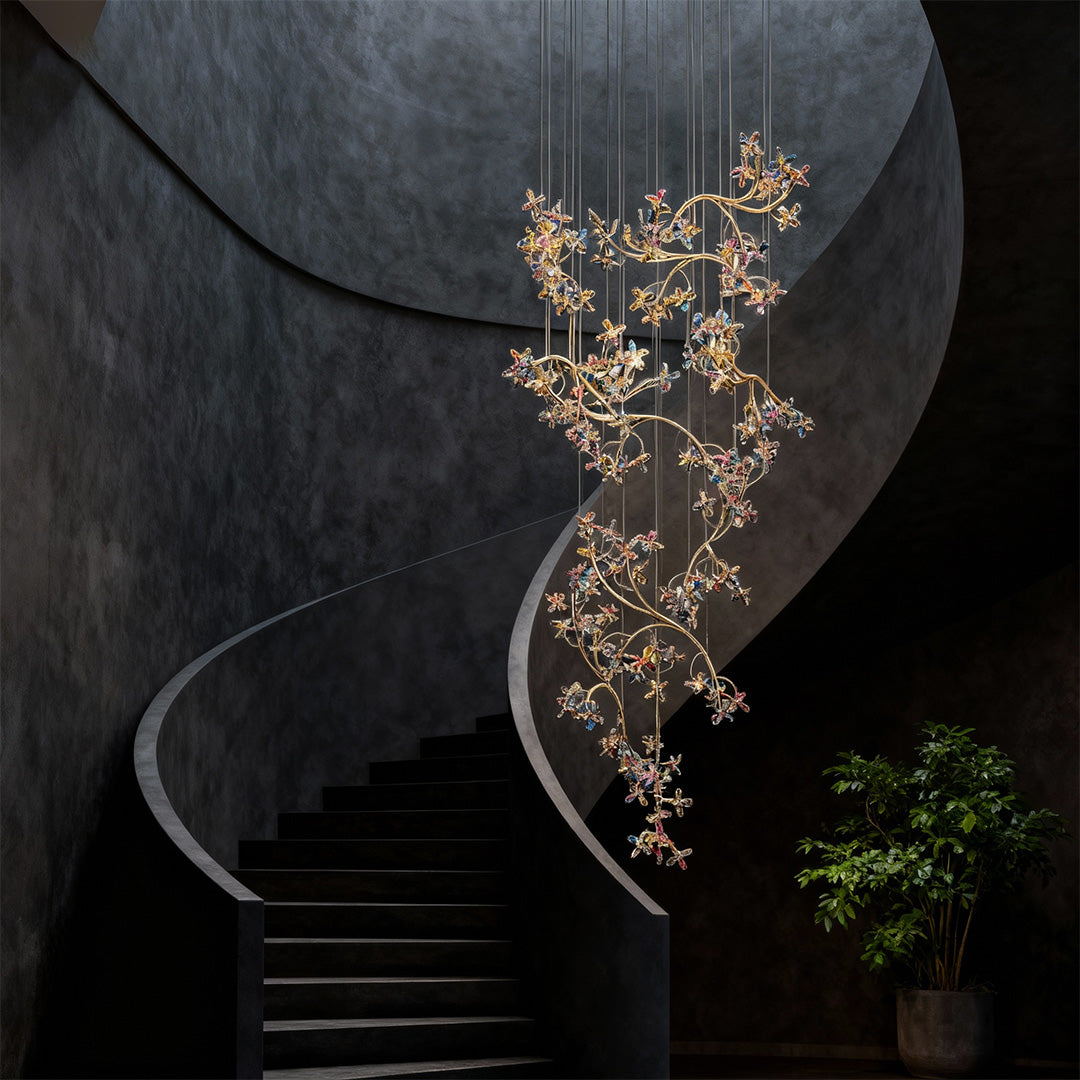 Crystal Blossom Vine Staircase Chandelier, Stainless Steel Drop Light 2