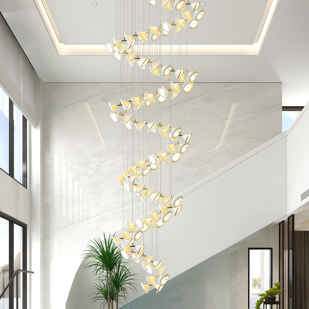 Ceramic Tulip Spiral Staircase Chandelier, Gold Stainless Steel Light 7