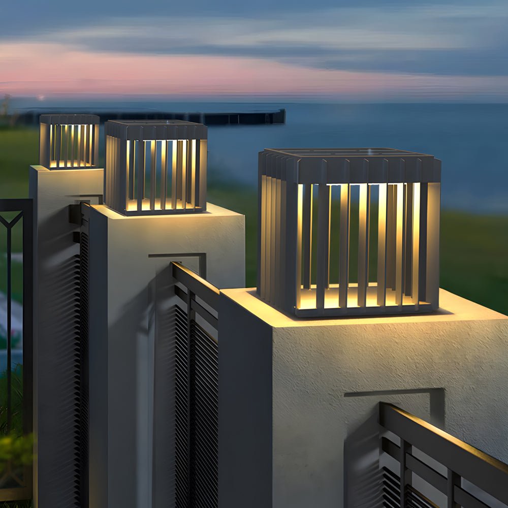 Square Openwork Pillar Light, Black Stainless Steel Pier Light