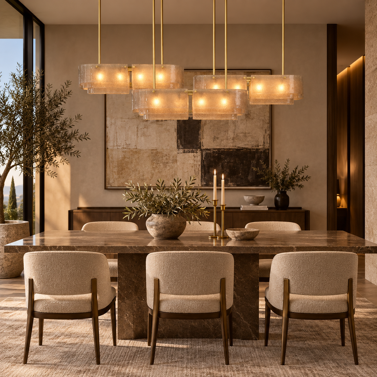 Layered Textured Glass Linear Chandelier, Gold Frame