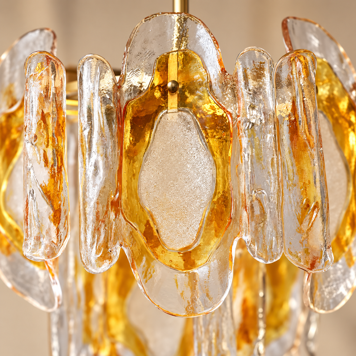 Layered Amber Glass Linear Chandelier, Gold Frame