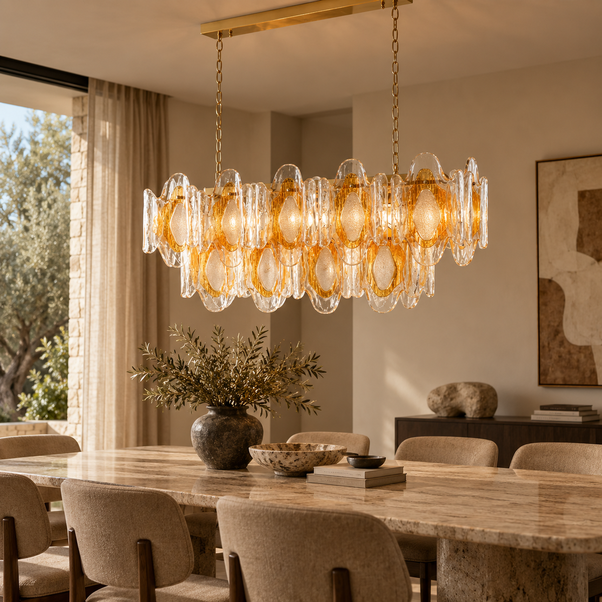 Layered Amber Glass Linear Chandelier, Gold Frame